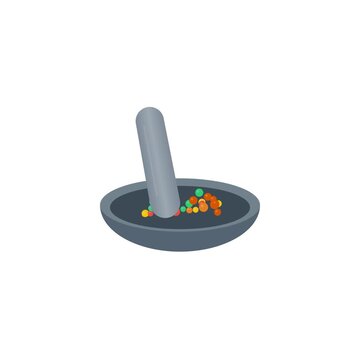 Stone mortar and pestle grinding spices flat vector animation for culinary concepts