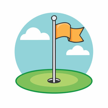 Golf Hole with Orange Flag and Clouds
