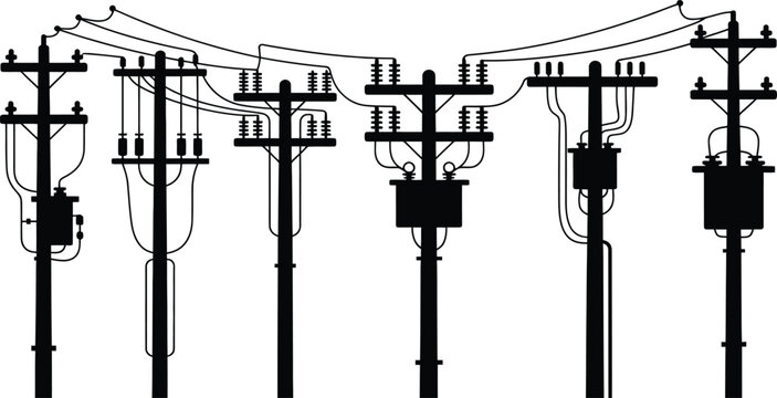 Black silhouettes of utility poles with electrical wires and transformers on a white background Keywords: utility poles, power lines