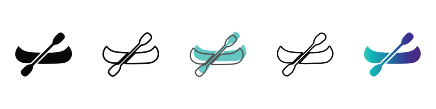 Set of canoe and paddle icons in various styles and colors