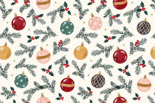 Seamless christmas pattern featuring festive baubles, pine branches, and holly berries on a light cream background, for holiday decoration