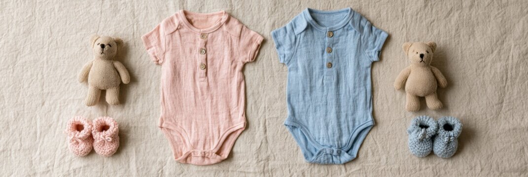 Two tiny onesies are placed side by side with matching booties and teddy bears on cream linen, creating an ideal twin announcement setup.