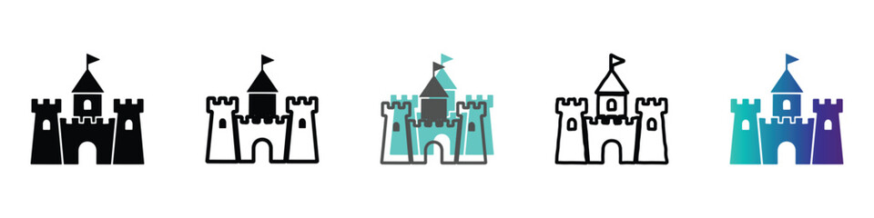 Collection of castle icons in various styles and colors for design projects © Vova7