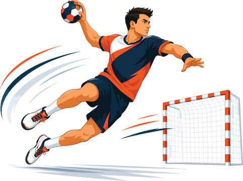 Handball player jumping to throw ball near goal sport