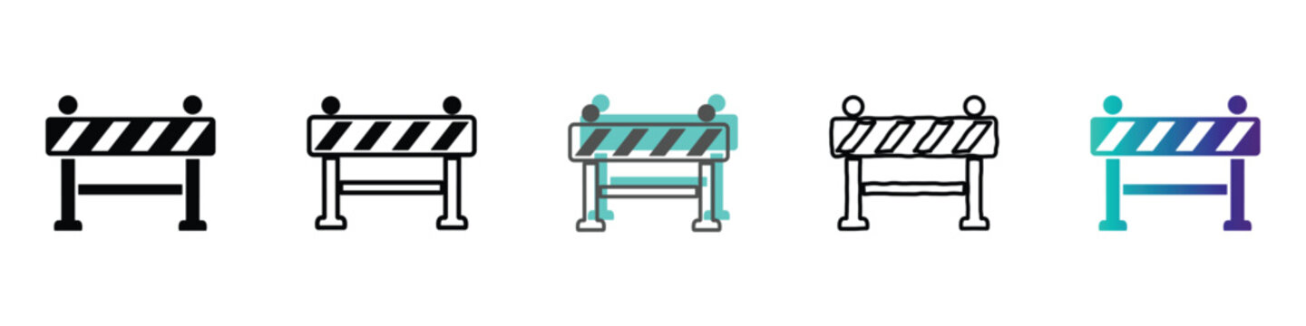 Set of construction barrier icons in various styles and colors for safety and traffic control
