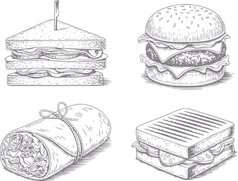 Hand-drawn of sandwiches, burger, and wrap