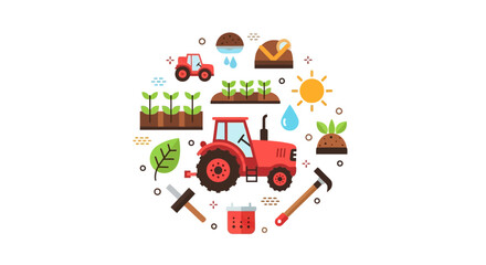 Fototapeta premium Flat Design Agriculture and Smart Farming Vector Illustration Set with Tractor, Crops, and Sustainable Gardening Tools in Circle Composition