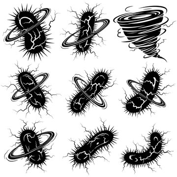 A collection of illustrations depicting various extraterrestrial life forms and a tornado in a cosmic environment from a digital viewpoint.