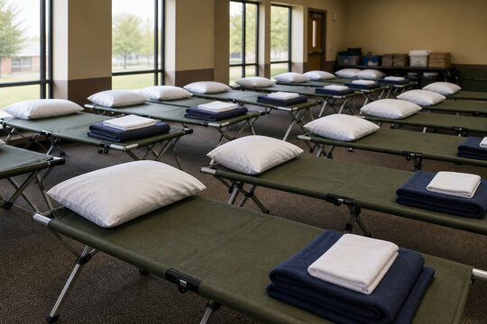 Rows of green folding cots with pillows, blankets, and towels arranged in a clean indoor temporary shelter or dormitory space.