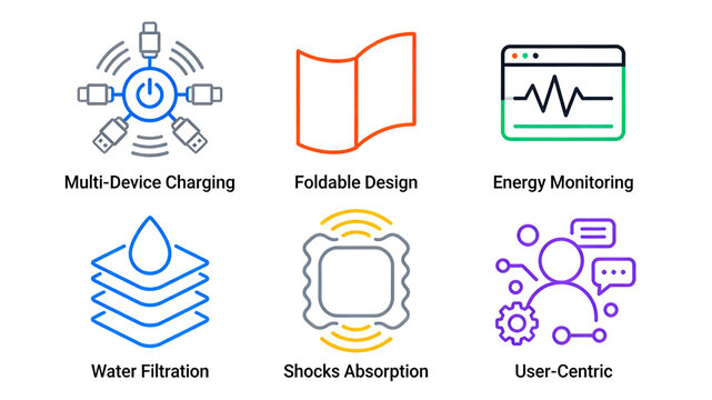 Six colorful digital life icons, covering the humanized features of multi charging, folding, filtering, shock absorption, representing the concept of convenient and practical digital home products.
