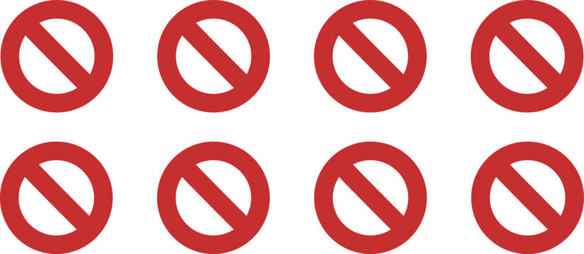 Set of eight prohibited red circular icons with prohibited restriction forbidden collection regulatory isolated regulations compliance information repeating standard