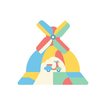 A colorful flat illustration of a small scooter inside a windmill