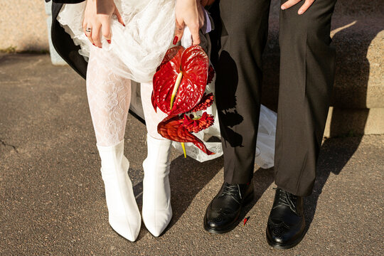 The legs of the bride and groom