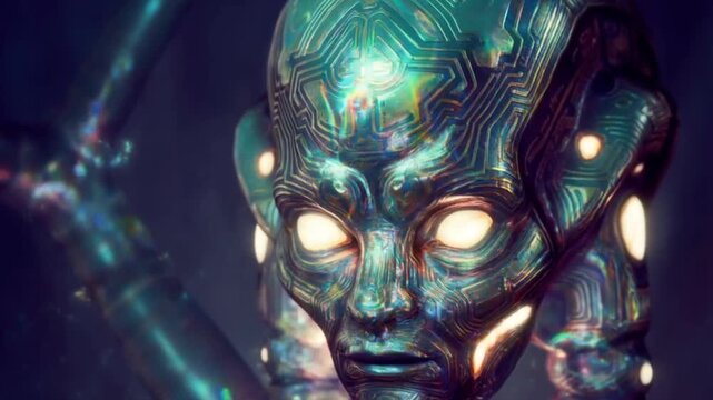 Futuristic glowing AI robot head with alien features and cybernetic circuit patterns. Advanced artificial intelligence concept.