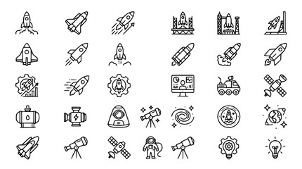 Space exploration line icon bundle featuring linear vector outlines of rockets spaceships satellites astronauts and astronomy telescopes © Kulsum