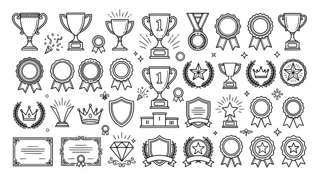 Award trophy and achievement line icon bundle featuring vector outlines of ribbons certificates crowns medals and gold prize cups