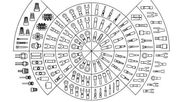 Electrical terminal wire crimp connectors icon set featuring linear outline vector diagrams of lugs spade and ring hardware