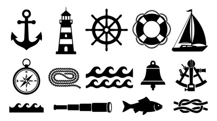 Nautical marine and sea adventure black silhouette icon set including anchor lighthouse steering wheel ocean waves sailboat fish and rope knots © Kulsum