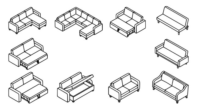 Modern living room sectional sofa and pull out sleeper couch furniture isometric line icon set collection vector illustrations
