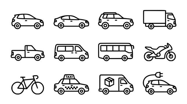 Automotive transport and city transit thin line vector icon set with hatchback sedan suv truck motorcycle bus bicycle and taxi