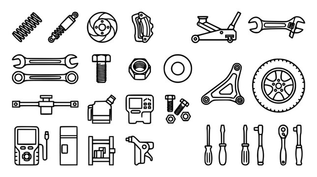 Car repair tools and auto mechanics equipment line art vector icon set with wrench jack brake disk suspension tire and bolt