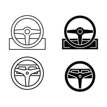 Four different steering wheel icons in black and white line art styles.