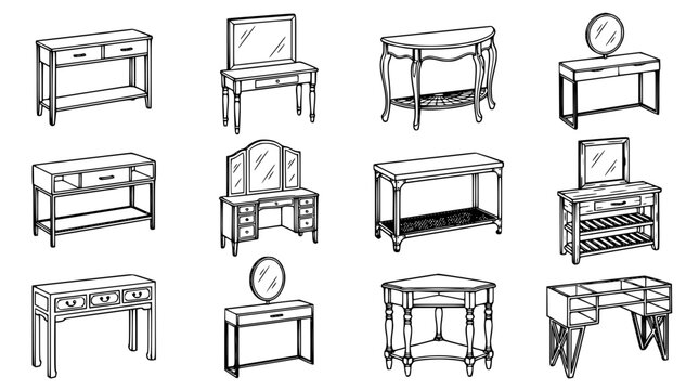 Console table and bedroom vanity dressing desk line art vector set with mirrors drawers shelves and home furniture elements
