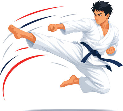 Karateka performing a high kick martial art action