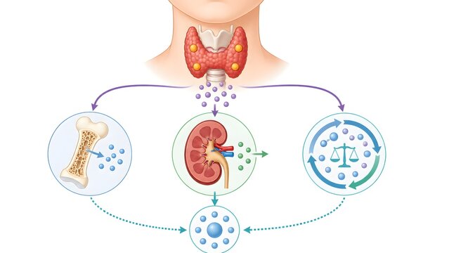 Illustration of the thyroid gland's role in regulating calcium and phosphate metabolism, impacting bone health, kidney function, and overall mineral balance in the human body.