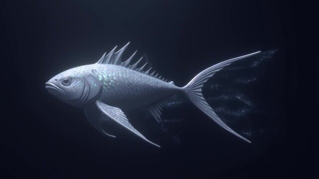 Mysterious Predatory Fish Swimming in Dark Deep Ocean Waters - Ethereal Digital Art Illustration with Sharp Fins
