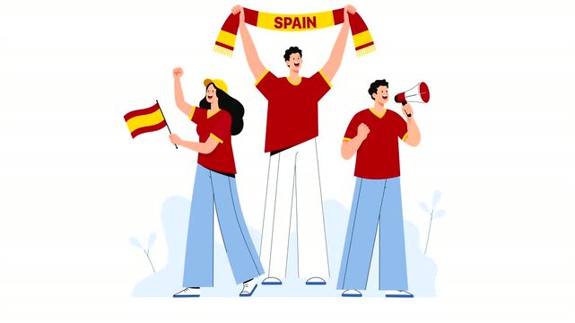 Editorial vector animation of Spain football supporters celebrating victory with flags, scarves, and cheers. Modern flat character motion graphics for soccer, sports events, and Spanish fan culture.