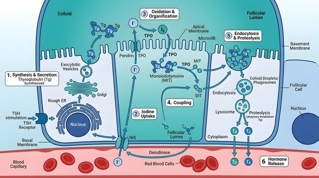 Detailed diagram illustrating the complex process of thyroid hormone synthesis and release within a follicular cell, showing iodide uptake, organification, coupling, and secretion.