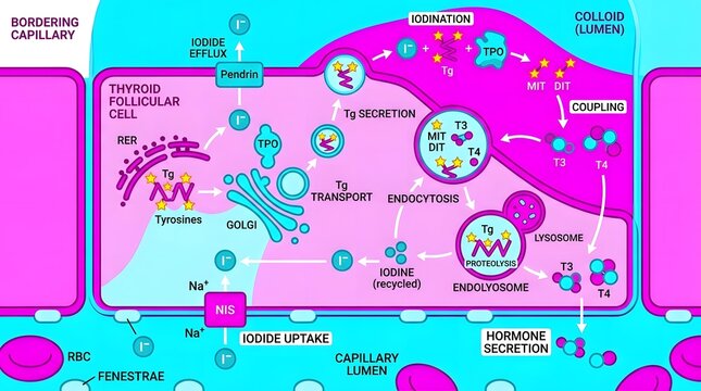 Detailed diagram illustrating the complex process of thyroid hormone synthesis, secretion, and iodide recycling within a thyroid follicular cell and colloid.