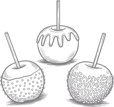 Hand-drawn of three candy apples with different toppings