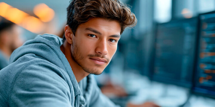 Young software developer working at computer in modern technology offic