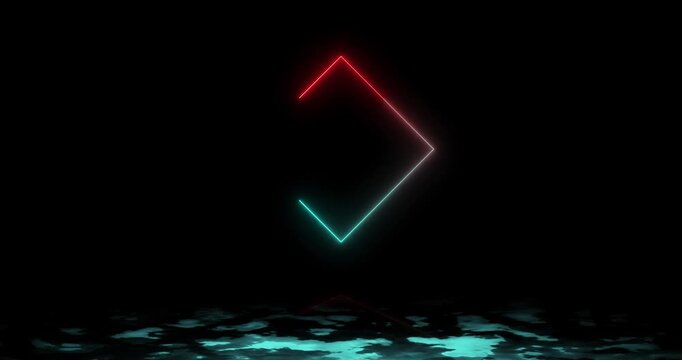 A mesmerizing abstract composition features glowing neon lines forming concentric diamond shapes over a reflective rotates on black background animation