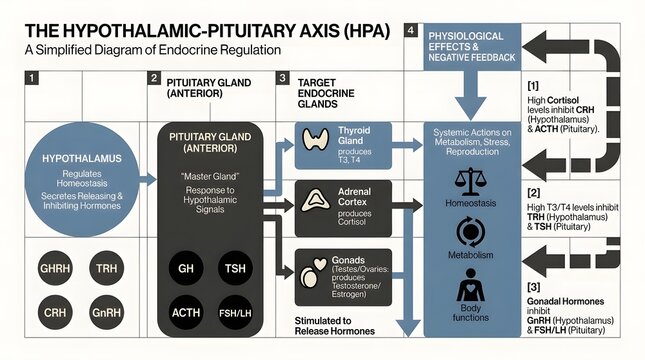 Detailed diagram illustrating the Hypothalamic-Pituitary Axis (HPA) and its role in endocrine regulation and physiological negative feedback.