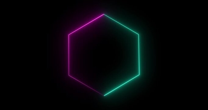 Hexagonal shapes frame abstract composition features glowing neon lines forming concentric hexagonal shapes over a reflective rotates on black background animation