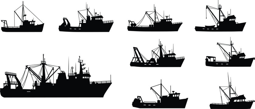 Commercial Fishing Vessel Silhouette Collection Vector Maritime Industry Boat Set