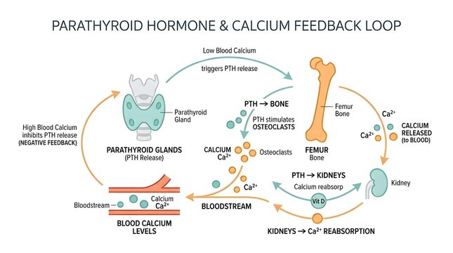 Detailed diagram illustrating the parathyroid hormone and calcium feedback loop, showing how blood calcium levels are regulated by PTH affecting bones and kidneys.