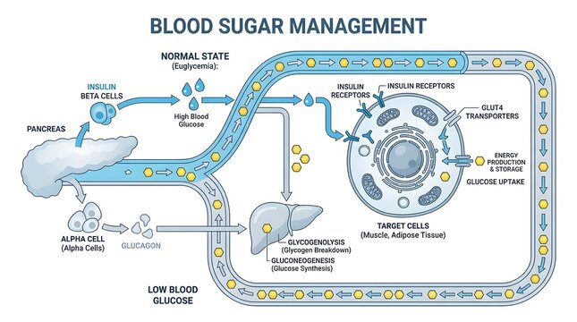 Detailed diagram illustrating the complex process of blood sugar management and glucose regulation in the human body, showing insulin and glucagon pathways.