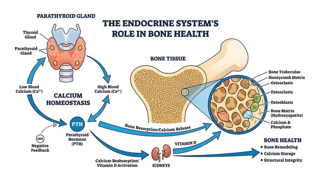 Detailed diagram illustrating the endocrine system's role in bone health and calcium homeostasis, showing the interaction of parathyroid glands, kidneys, and bone tissue.