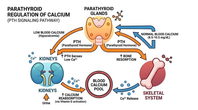 Diagram illustrating the parathyroid regulation of calcium through the PTH signaling pathway, showing its effects on kidneys and skeletal system to maintain blood calcium levels.