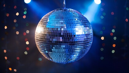 Obraz premium disco ball with shimmering mirror tiles creates dazzling dance floor atmosphere blue color glitter sphere reflects holographic light patterns for club parties and events