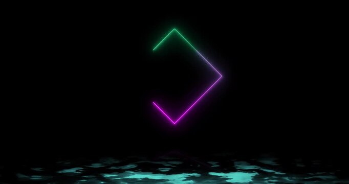 A mesmerizing abstract composition features glowing neon lines forming concentric diamond shapes over a reflective rotates on black background animation