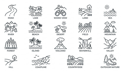 Countryside and landscape line icon set with mountain river and forest symbols © MstLima