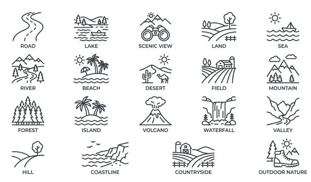 Countryside and landscape line icon set with mountain river and forest symbols