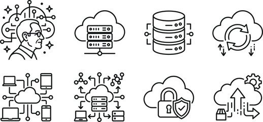 Cloud computing and server infrastructure network line icons with computing technology infrastructure database internet transfer security connection management information © Rupa