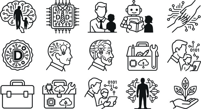 Artificial intelligence technology and human innovation icon set with technology innovation artificial intelligence automation computing development software learning concepts programming