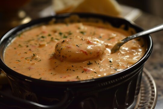 Seafood bisque with herbs and spices, a warm comfort food appetizer